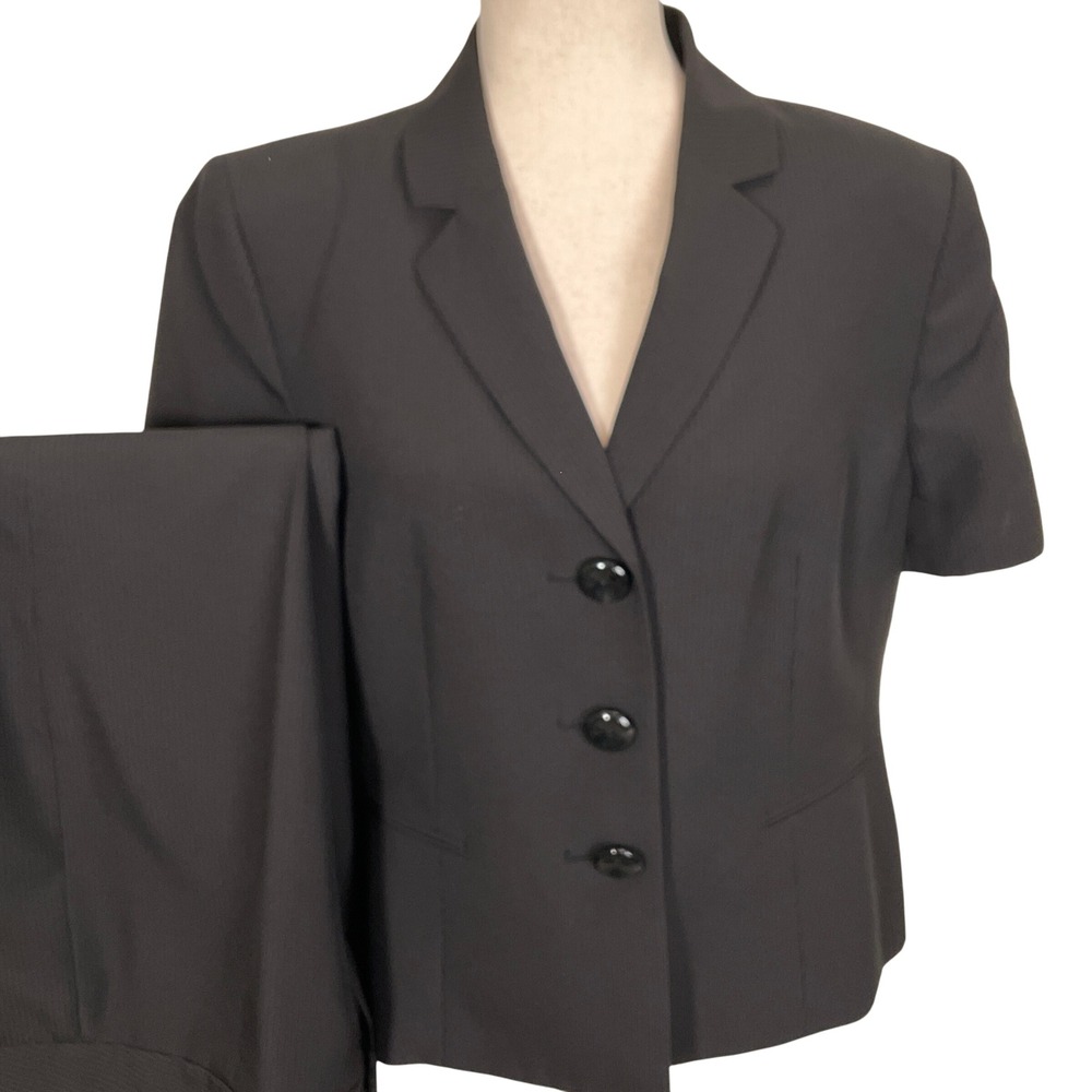 Le Suit Pantsuit Womens 16P Blazer 14 Pants Black Pinstripe Career Short Sleeve